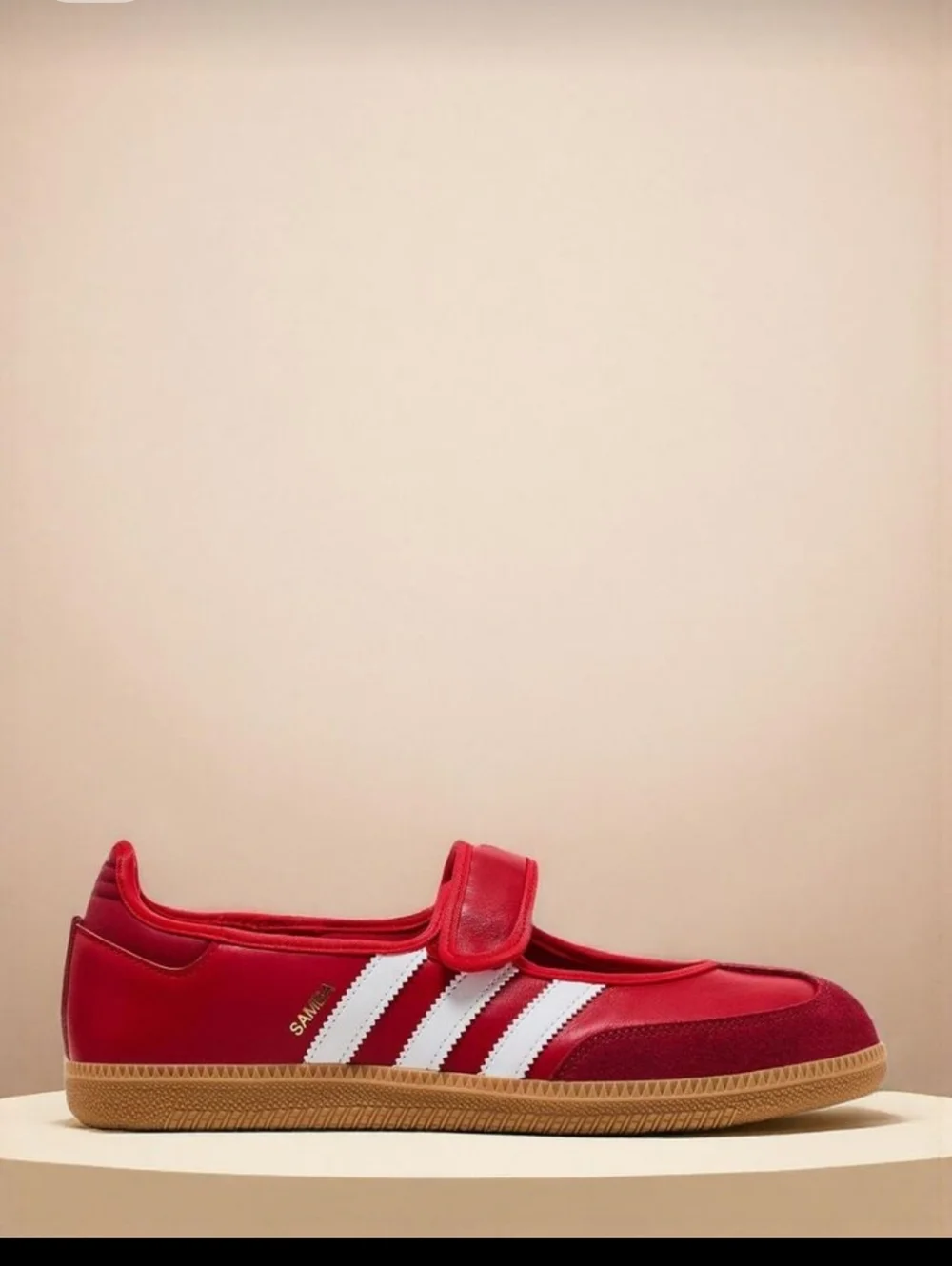 adidas Red Mary Jane Sneakers with White Stripes and Gum Sole - Picture 2 of 7